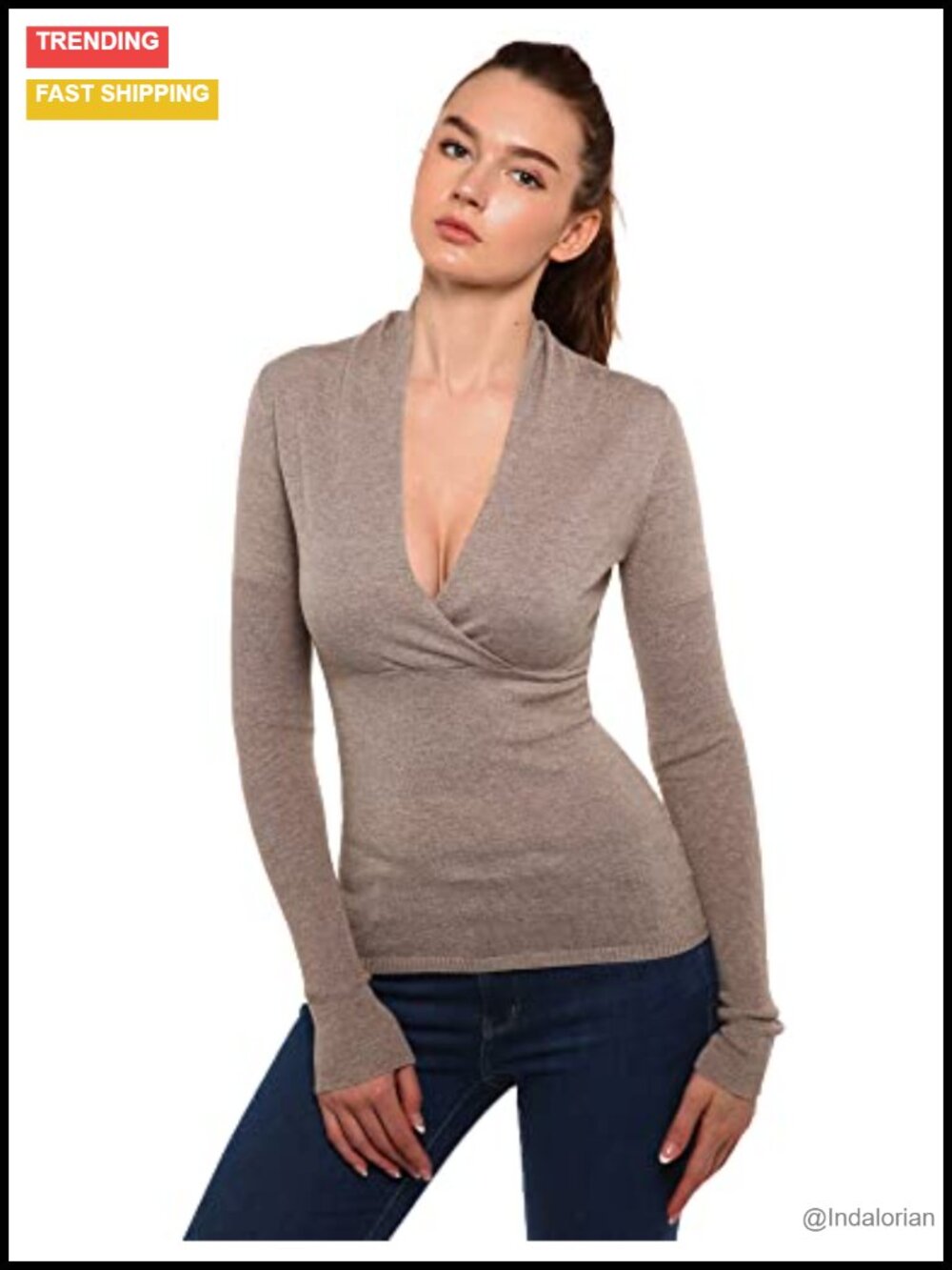 Deep V Neck Empire Waist Long Sleeve Knit Wrap Sweater Pullover